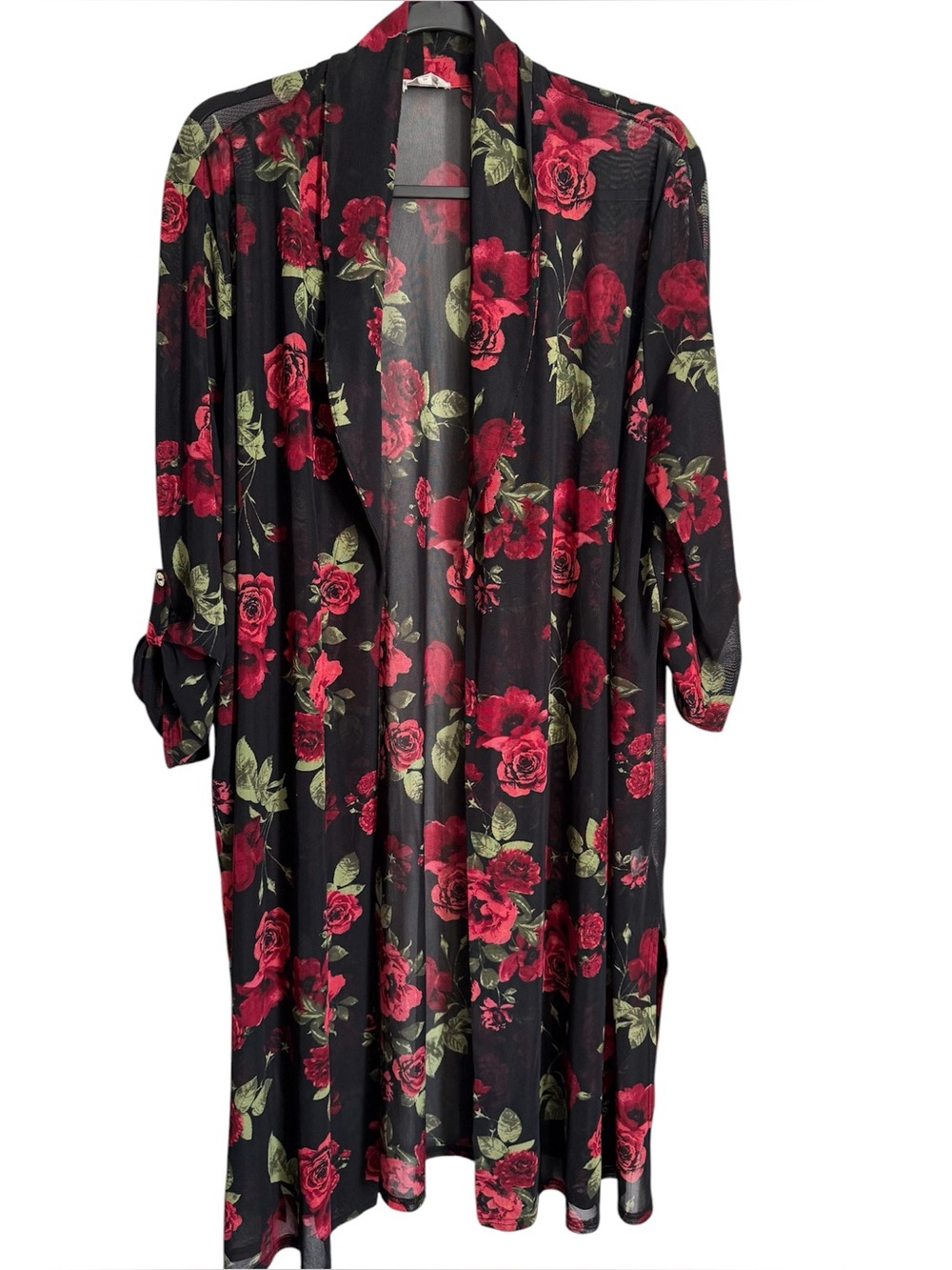 Siren Lily Black Sheer Kimono with Red Rose Print